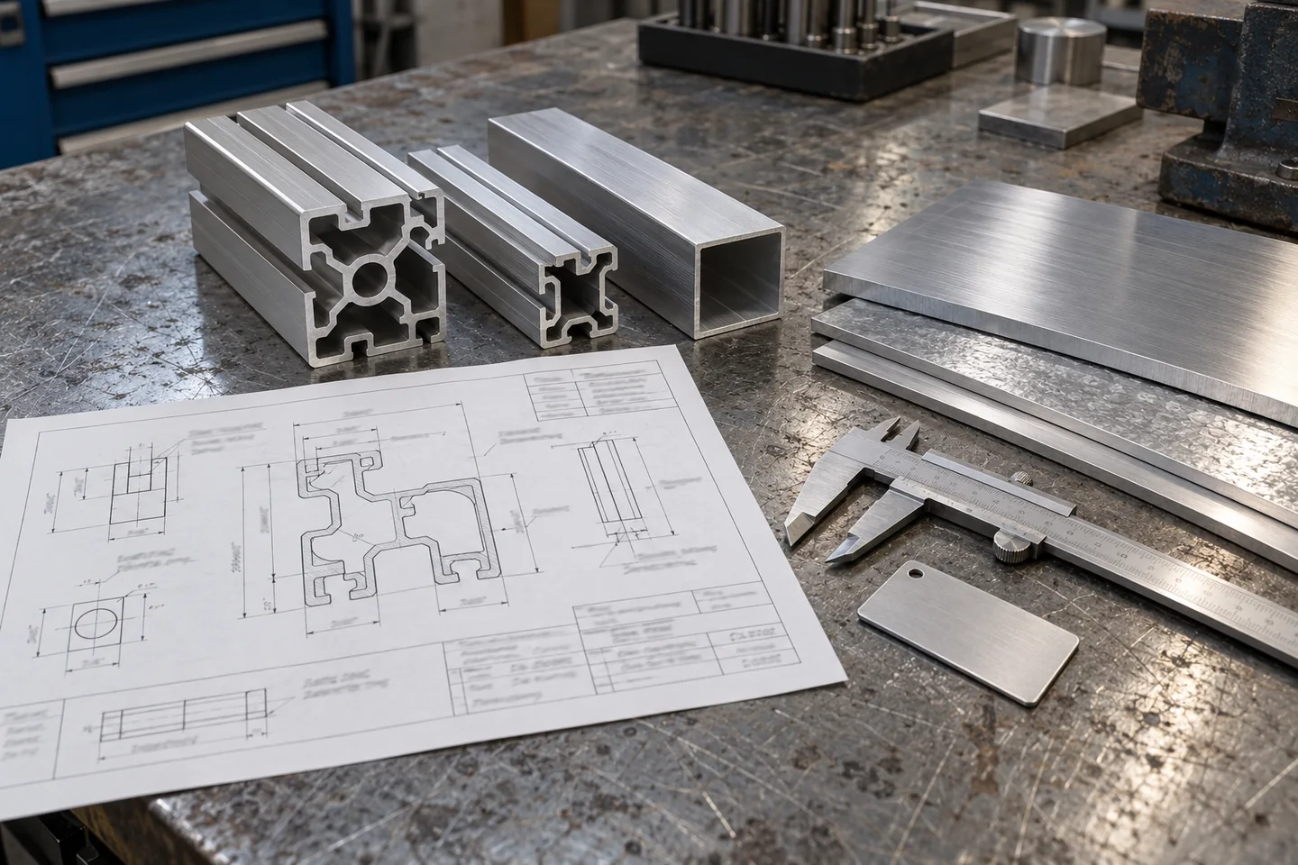 Rysunek techniczny i próbki postaci aluminium przygotowane do zapytania