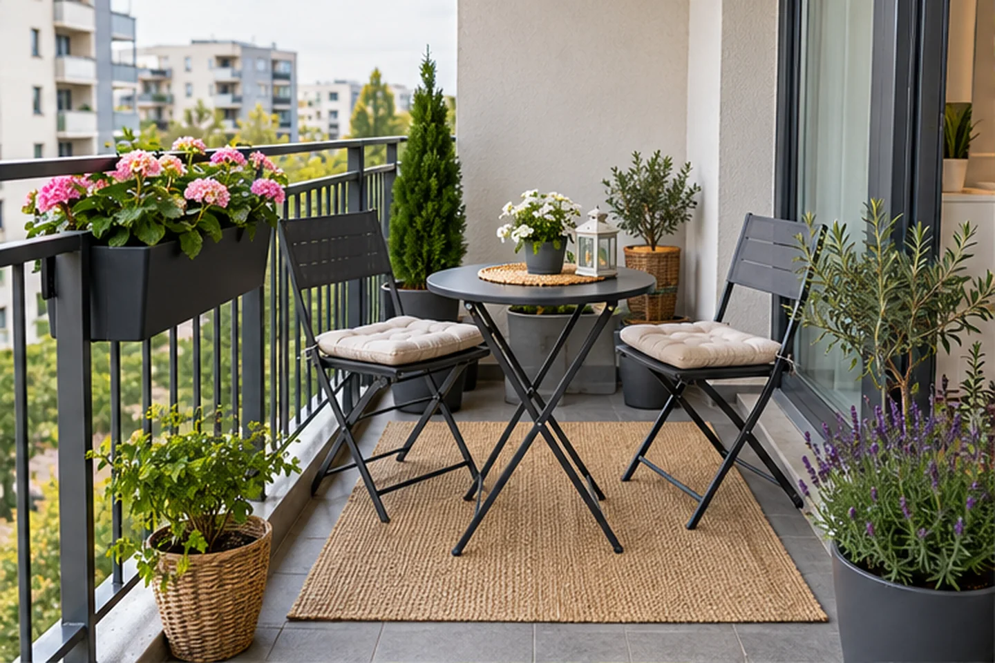Funkcjonalnie urządzony mały balkon z drożnym odpływem i lekkim wyposażeniem