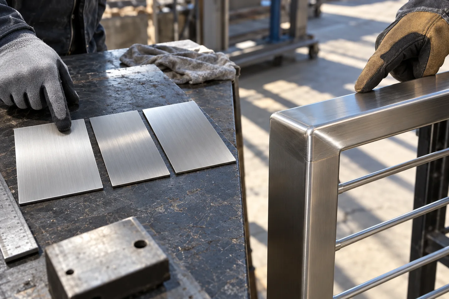 Próbki szlifowanej stali nierdzewnej i detalu naroża balustrady