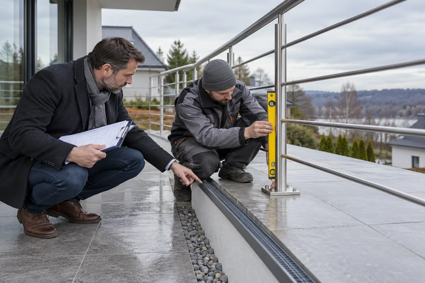 Odbiór zamontowanej balustrady nierdzewnej na tarasie