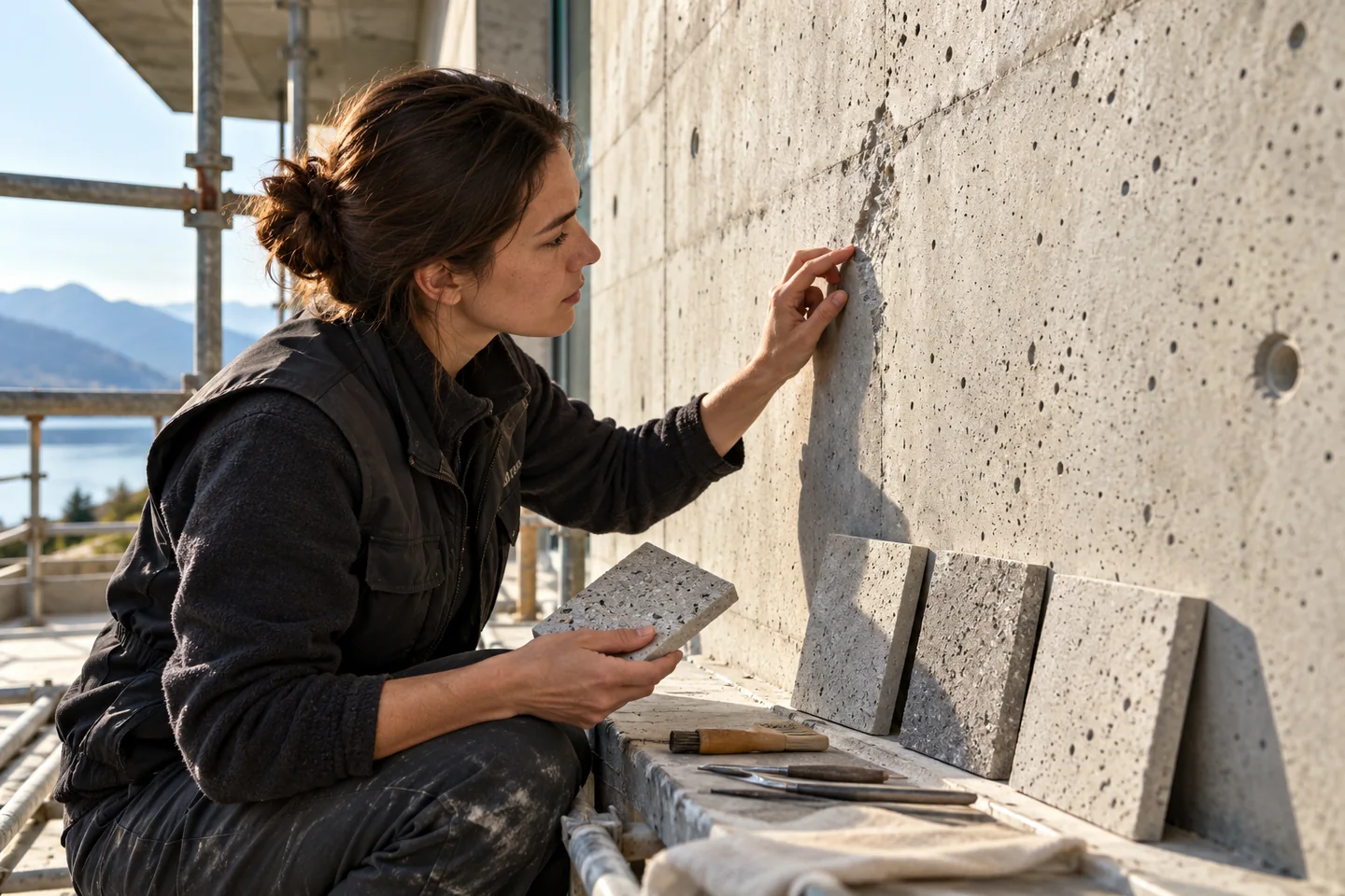 Konserwator porównujący próbki naprawy na powierzchni betonu architektonicznego