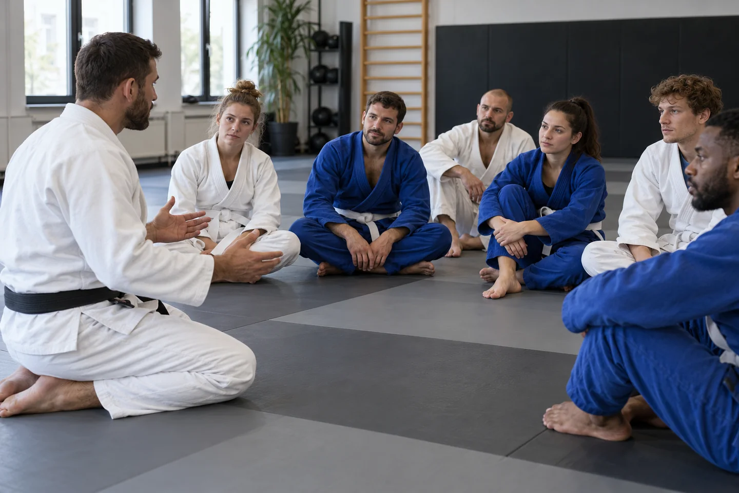Początkująca grupa brazylijskiego jiu-jitsu podczas spokojnego instruktażu na macie