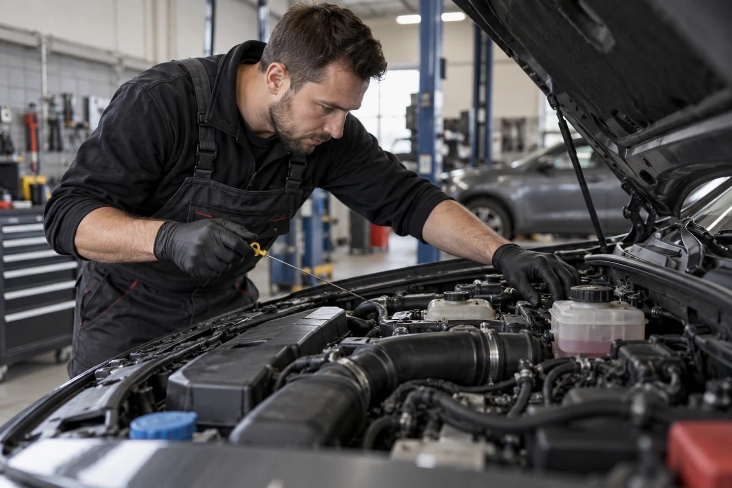 Mechanik kontrolujący komorę silnika przed zmianą oprogramowania