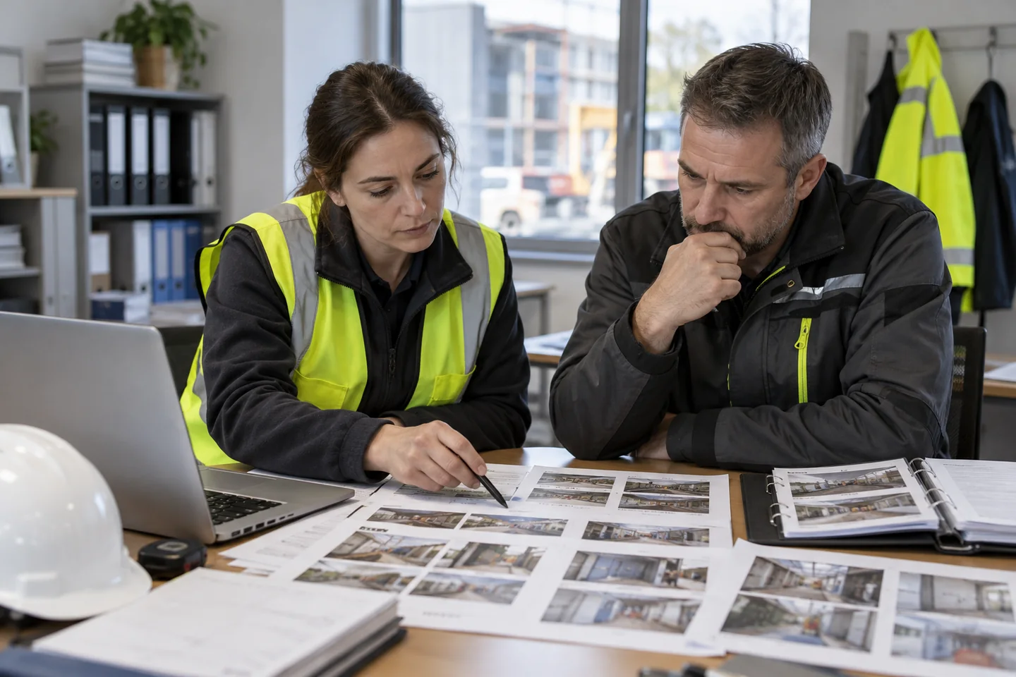 Zespół porządkujący fotografie i protokoły po inwestycji BHP