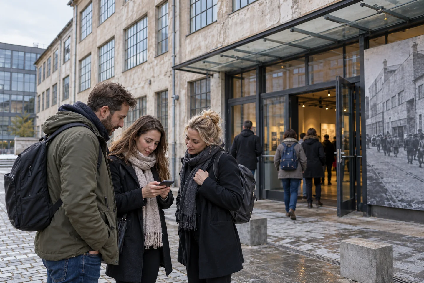 Zwiedzający przygotowujący plan wizyty w Fabryce Schindlera w krakowskim Zabłociu