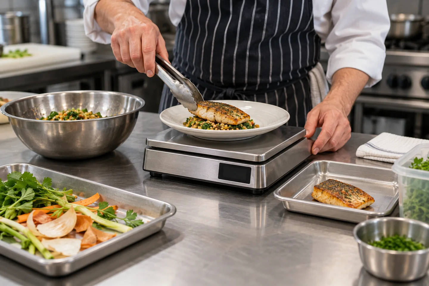 Ważenie składników i porcji podczas sprawdzania receptury restauracyjnej