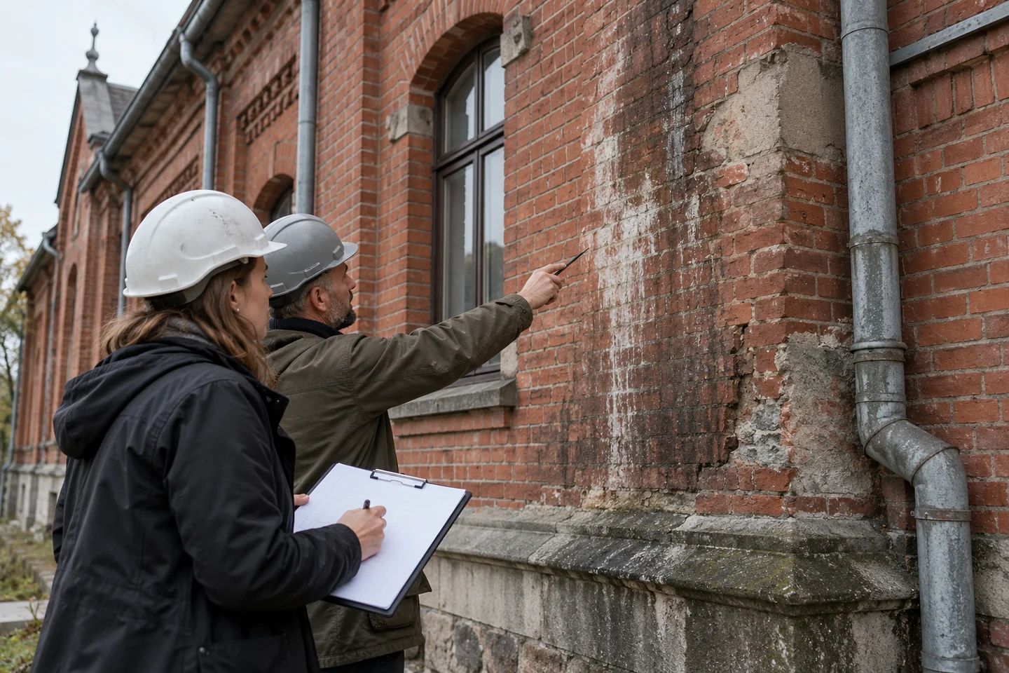 Mapa zabrudzeń napraw i zacieków na starej ceglanej elewacji