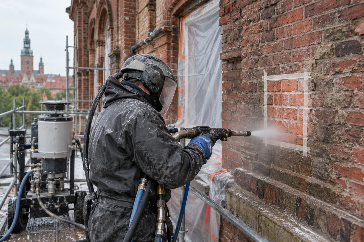 Wykonawca przygotowujący pole próbne hydropiaskowania na starej ceglanej elewacji
