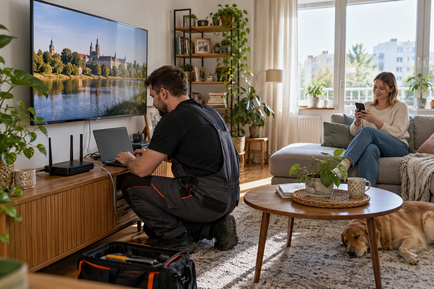 Test telewizji i połączenia internetowego po zakończonej instalacji w mieszkaniu