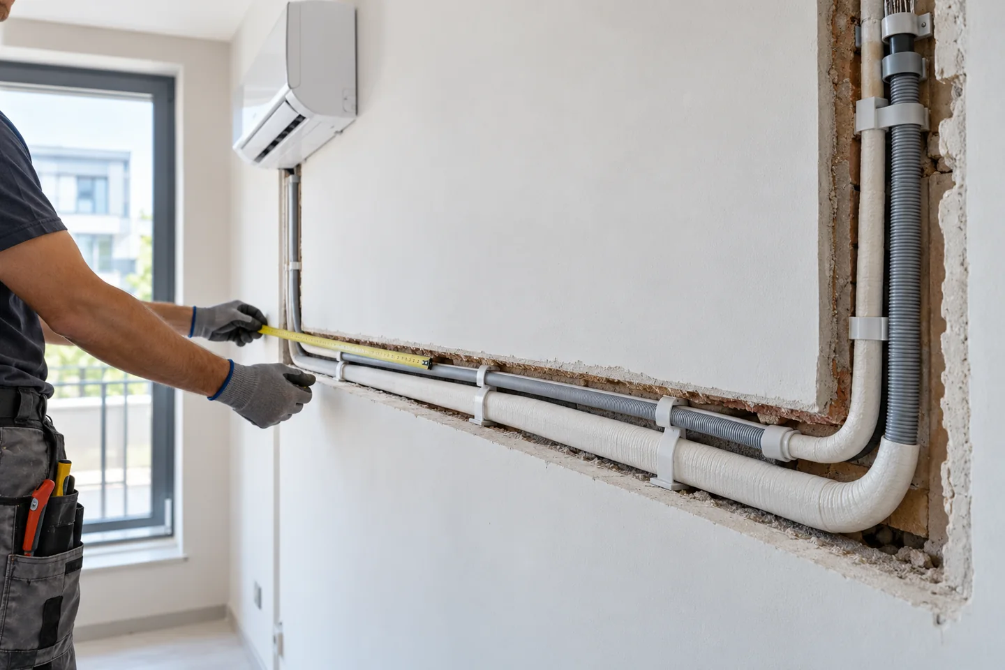 Wyznaczona trasa instalacji klimatyzacji ze spadkiem odpływu skroplin