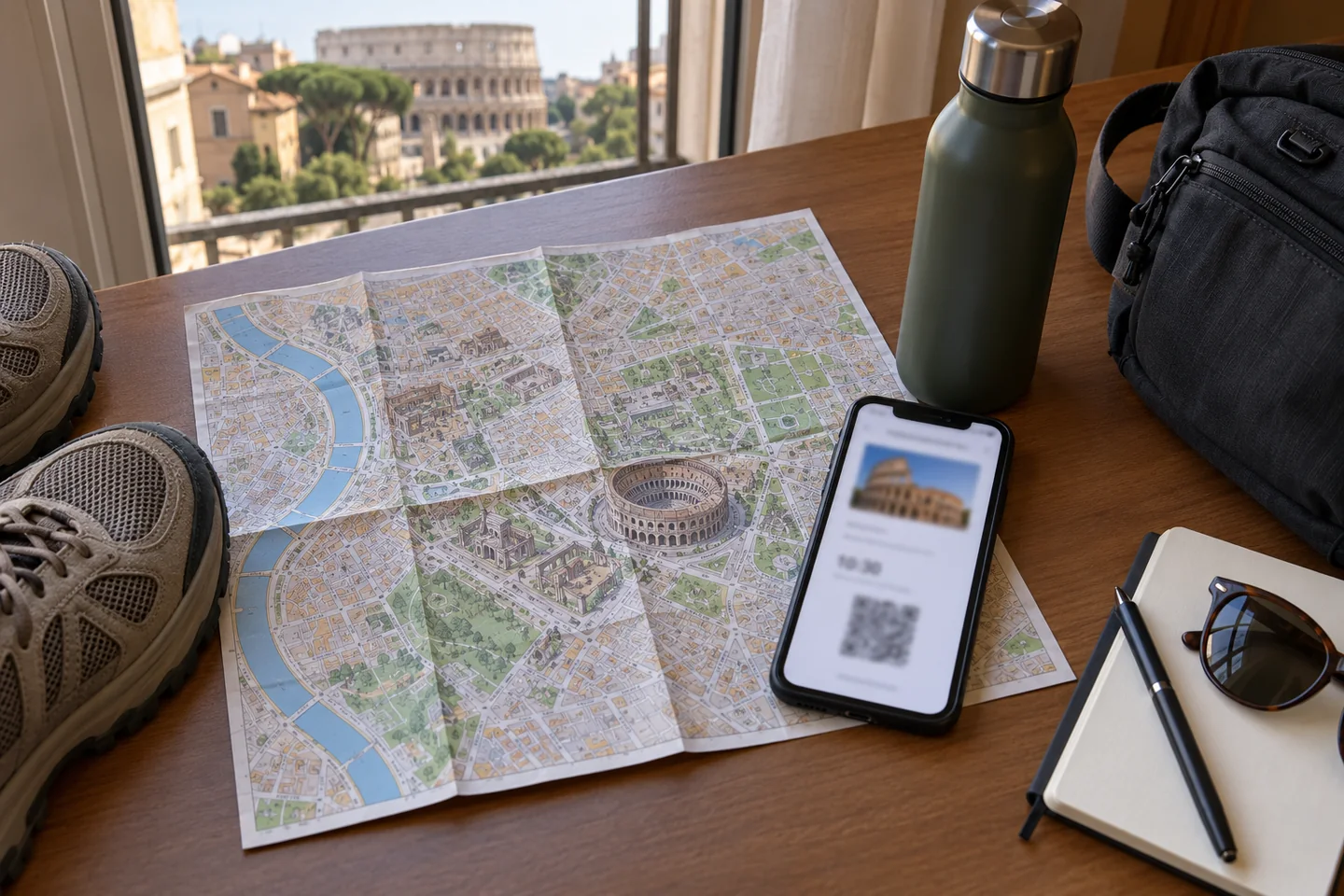 Mapa Rzymu, zapisany bilet w telefonie, buty i woda przygotowane do zwiedzania