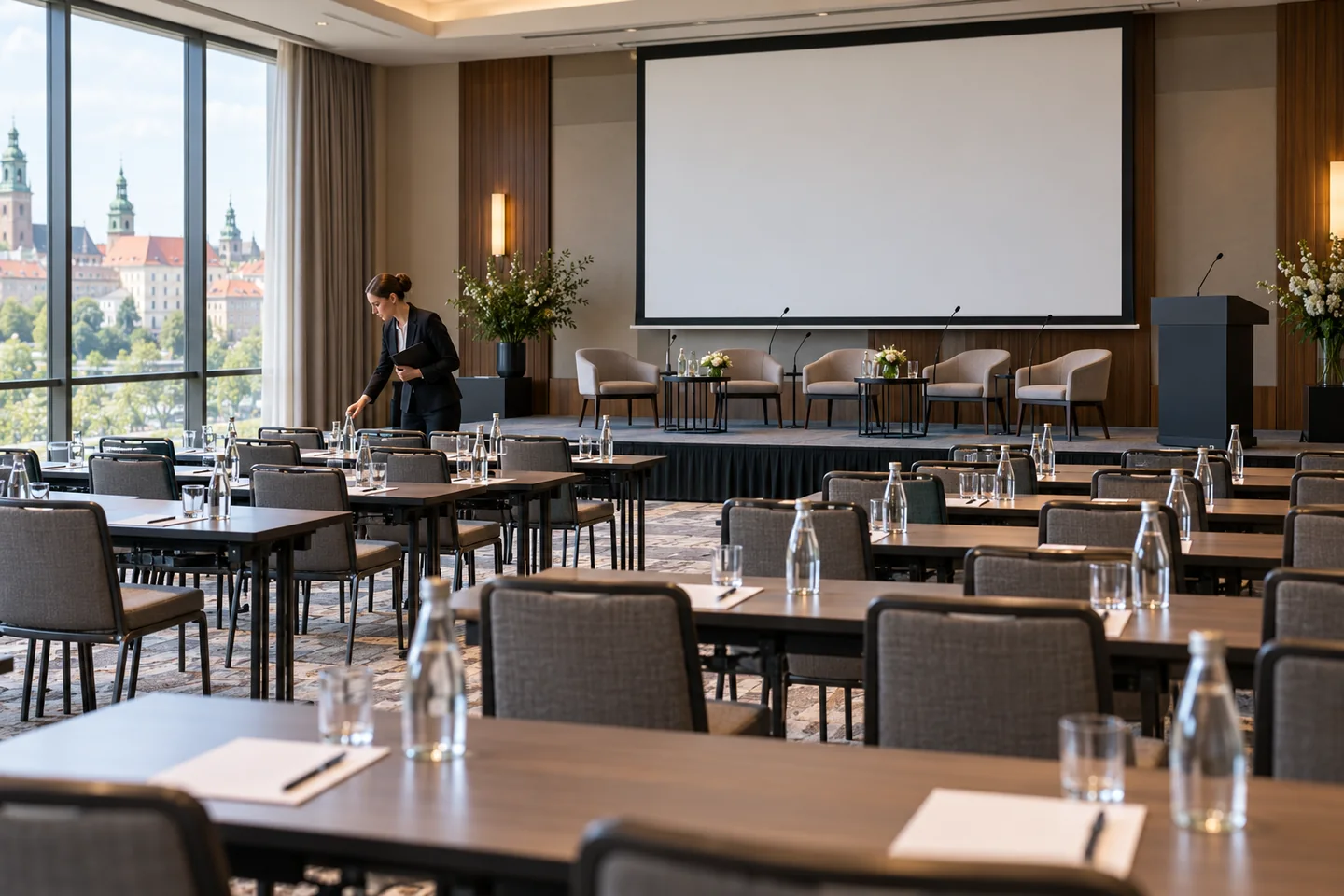 Przygotowana sala hotelowa przed konferencją firmową