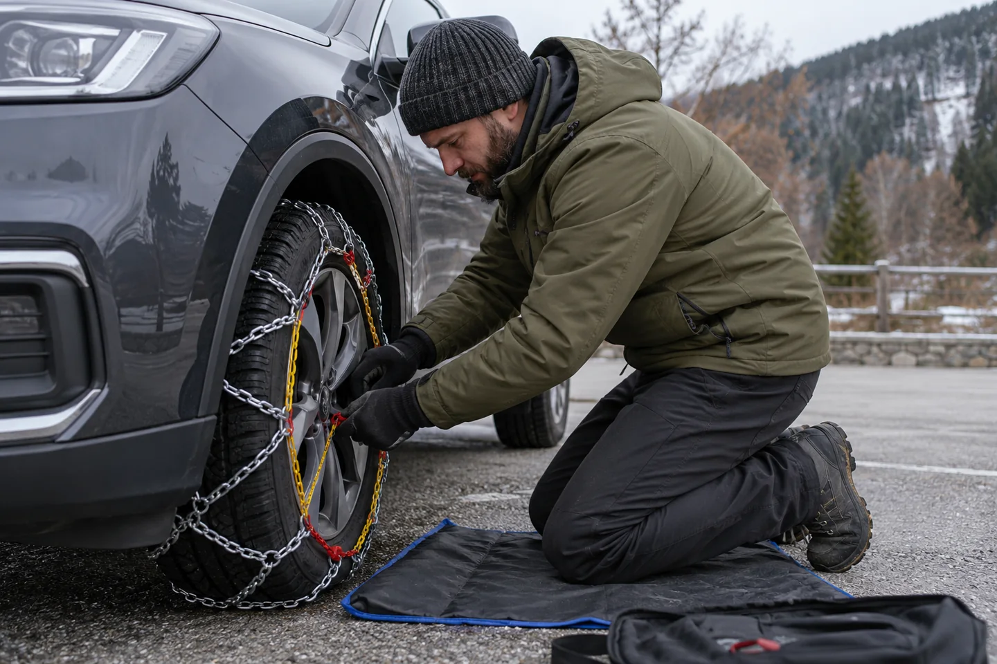 Próbny montaż łańcucha śniegowego na bezpiecznym parkingu w rękawicach