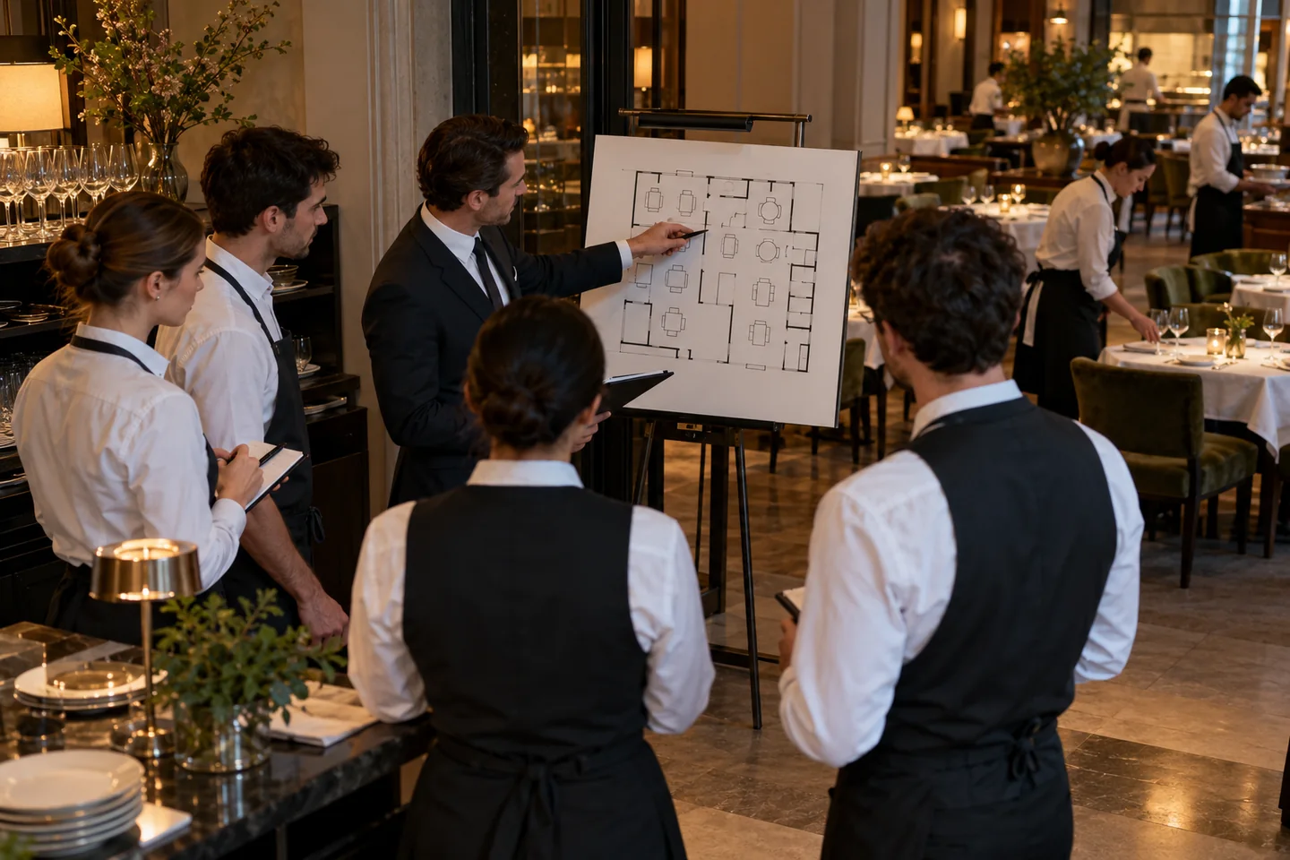 Manager restauracji omawiający role i priorytety ze zmianą przed otwarciem