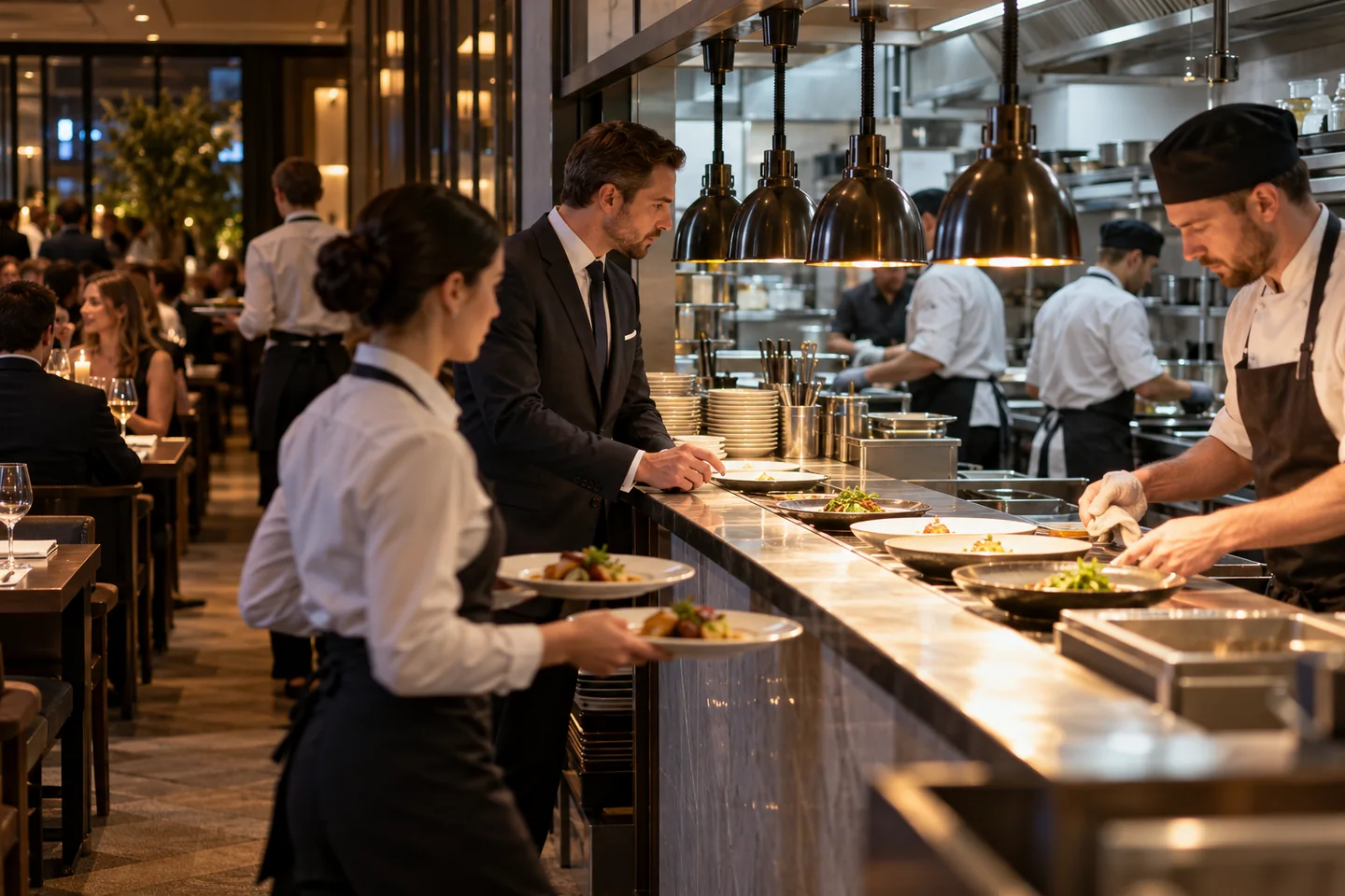 Manager restauracji obserwujący przepływ między salą a wydawką