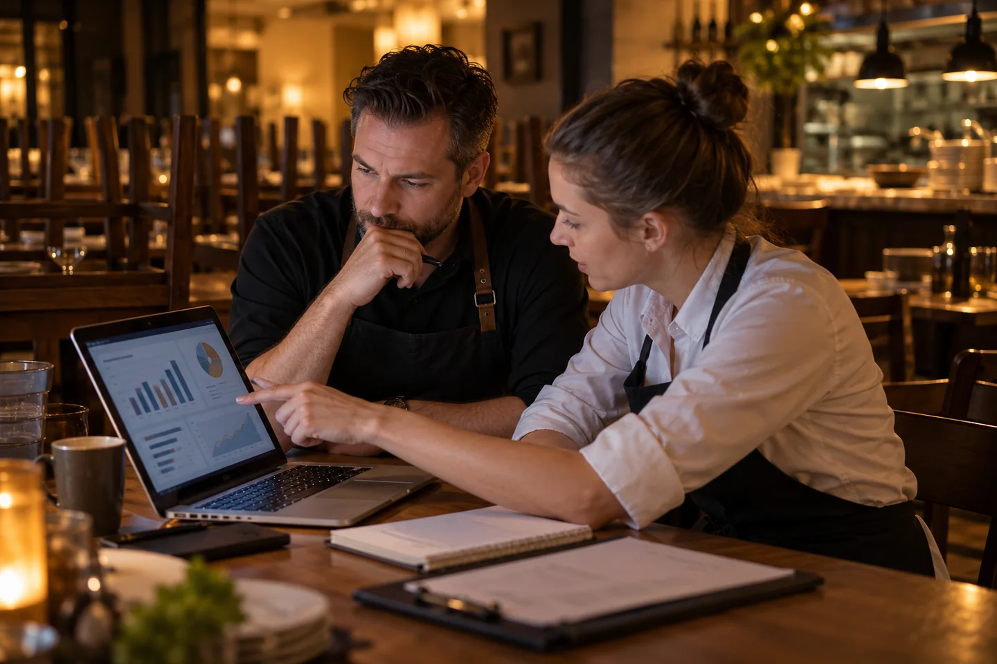 Manager restauracji podsumowujący zmianę z danymi sprzedaży i zdarzeniami