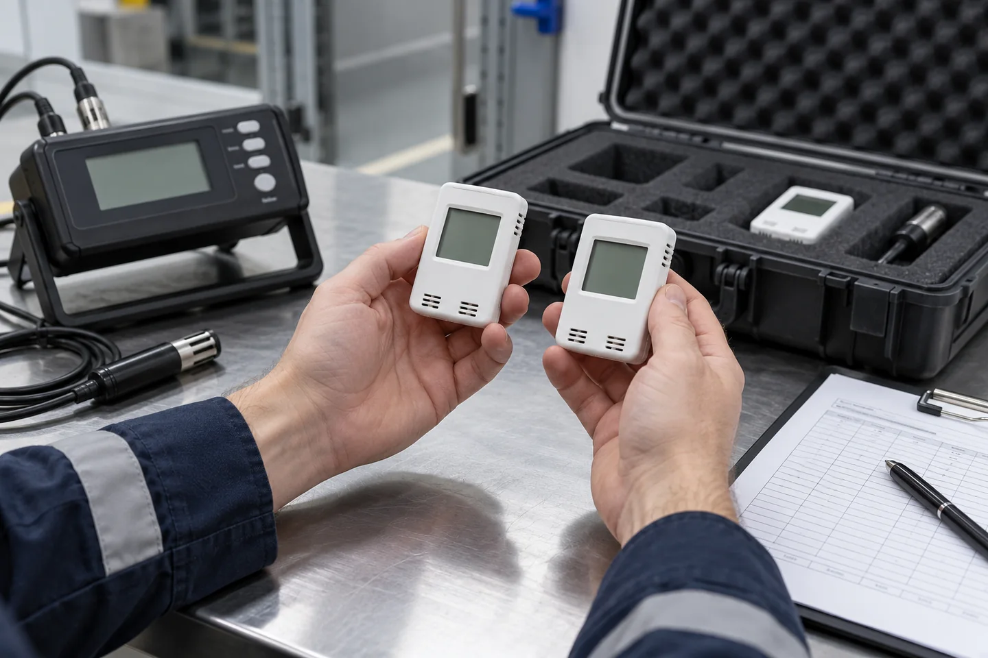 Technik porównujący dwa rejestratory temperatury i wilgotności przed montażem