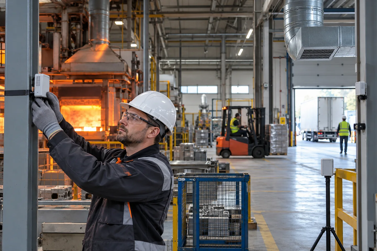 Technik rozmieszczający rejestratory warunków w różnych strefach hali