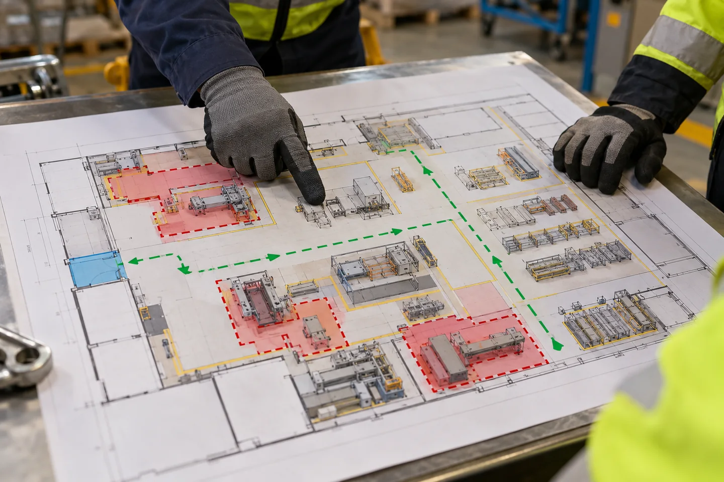 Mapa hali z zaznaczonymi strefami gorącymi zimnymi i trasami pracowników