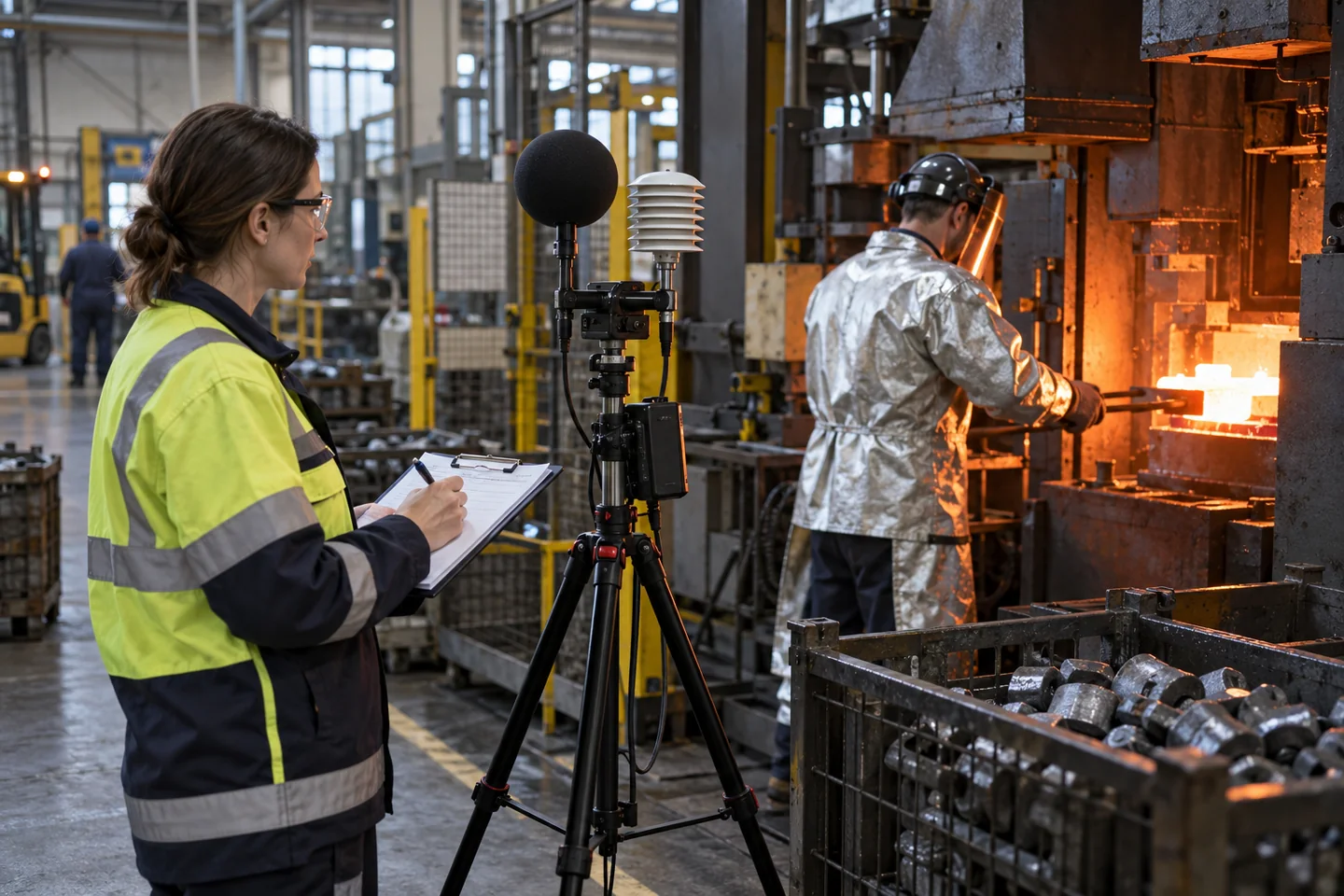 Specjalista wykonujący pomiary warunków cieplnych przy rzeczywiście pracującym stanowisku