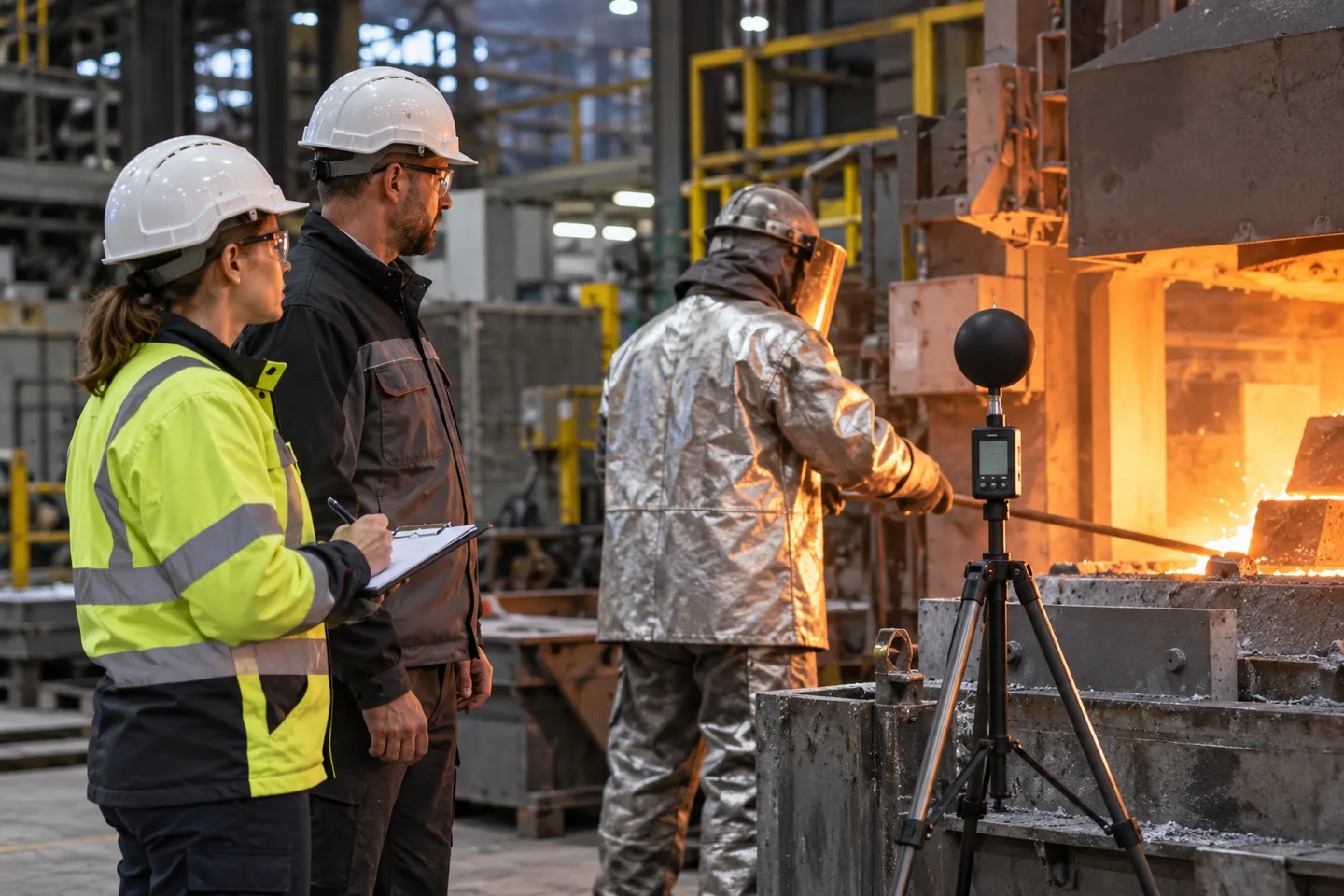 Specjalista BHP obserwujący warunki cieplne na stanowisku pracy w hali