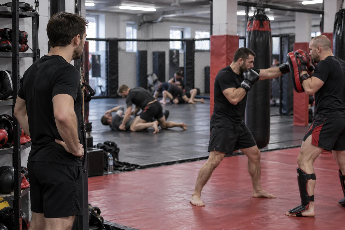 Początkujący uczestnik obserwujący trening MMA i kickboxingu na sali
