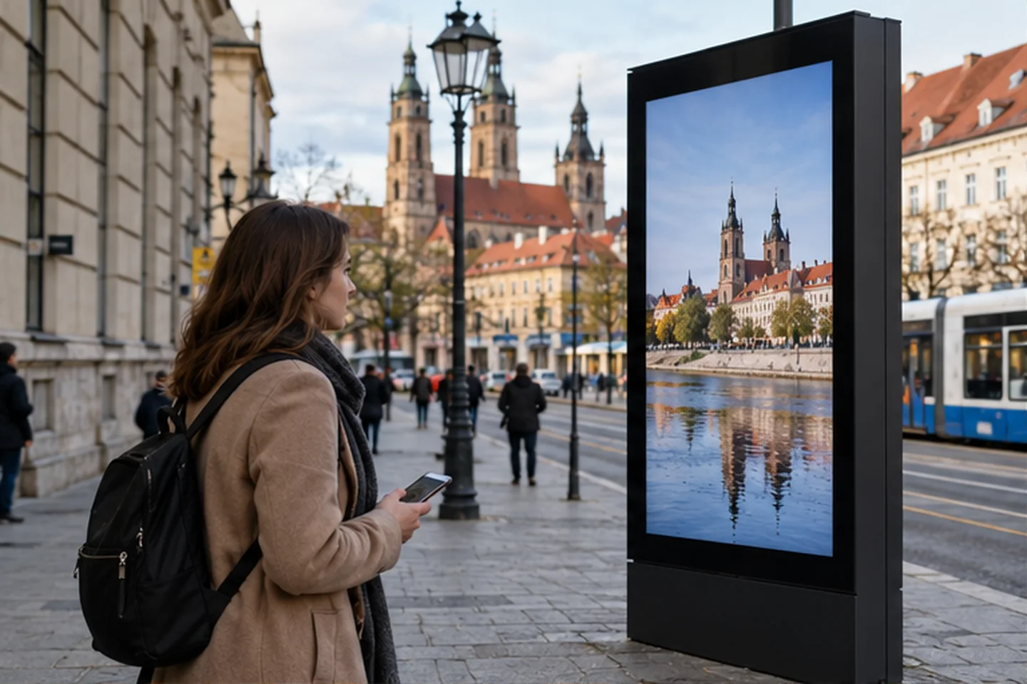 Cyfrowy nośnik reklamy w przestrzeni miejskiej i telefon w dłoni odbiorcy