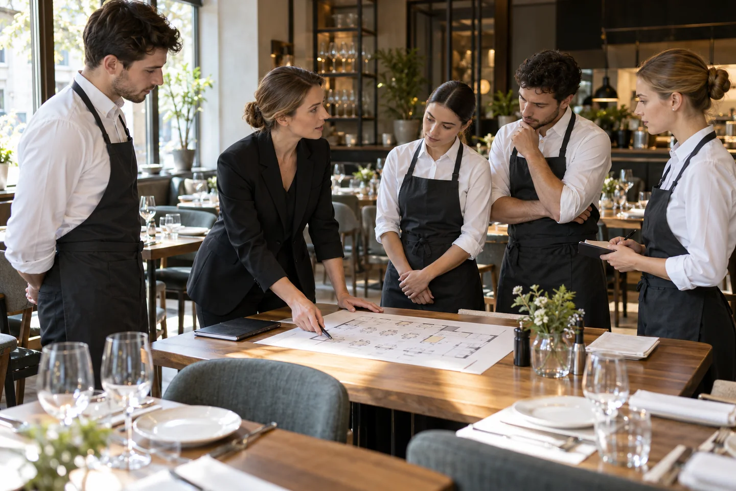 Zespół restauracji ćwiczący przebieg obsługi gościa przed otwarciem lokalu
