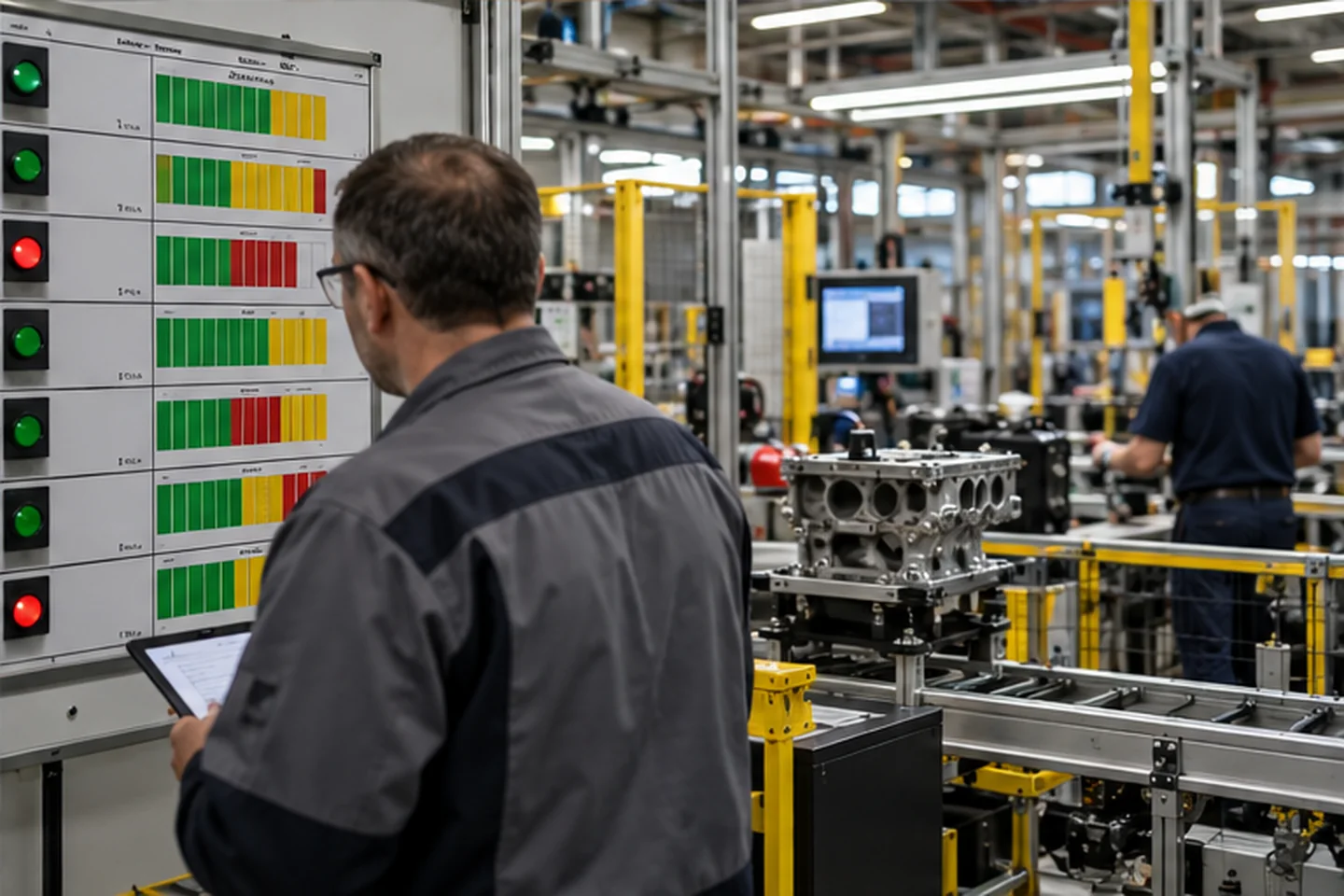 Tablica wyników linii produkcyjnej z dostępnością, wydajnością i jakością