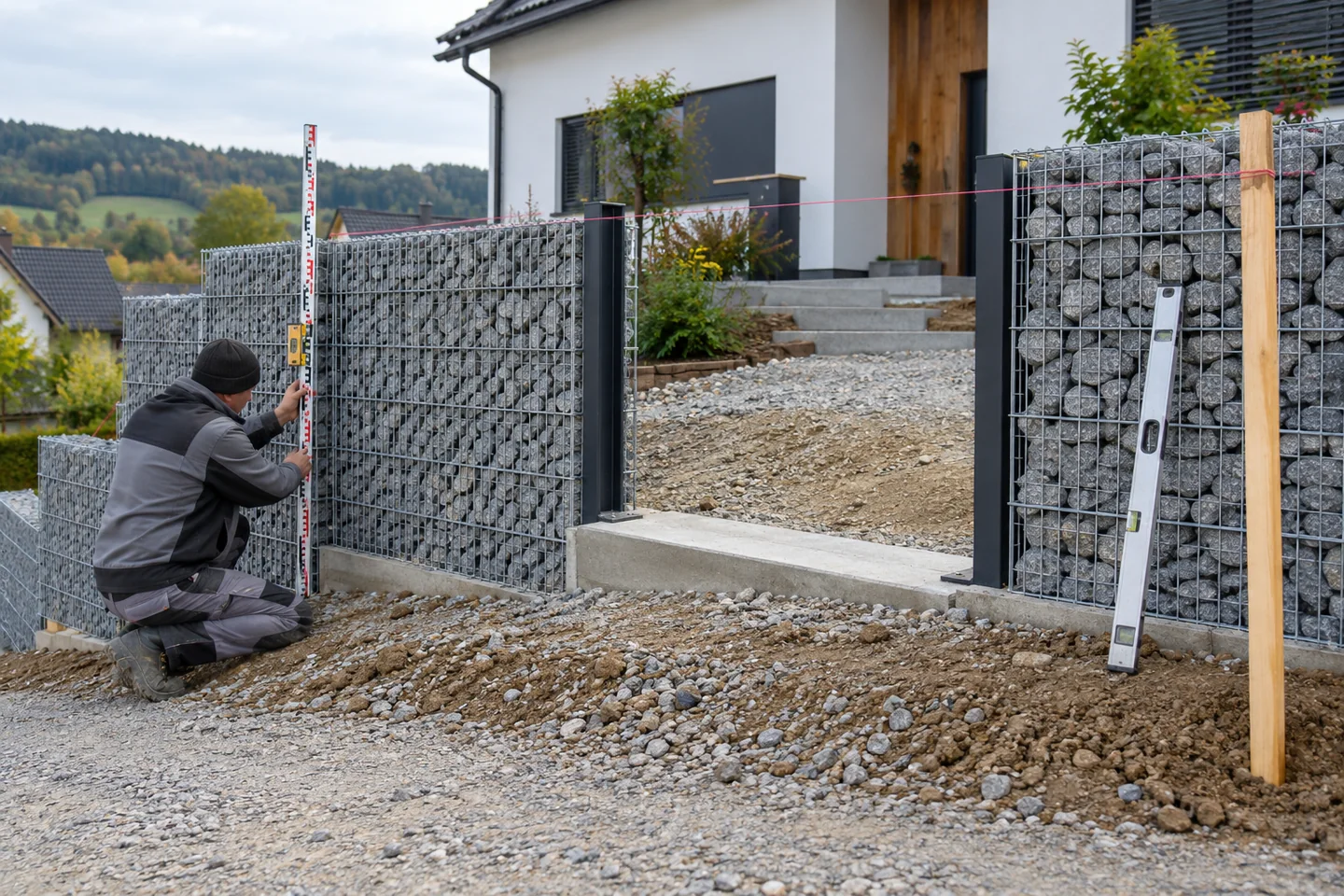 Pomiar kosza gabionowego i próbki kamienia o dobranej frakcji