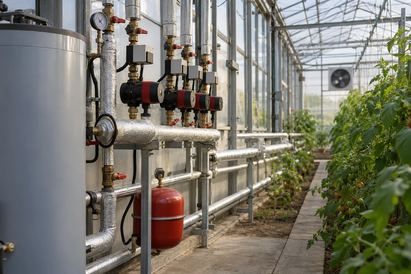 Rury grzewcze i czujniki klimatu między rzędami uprawy szklarniowej