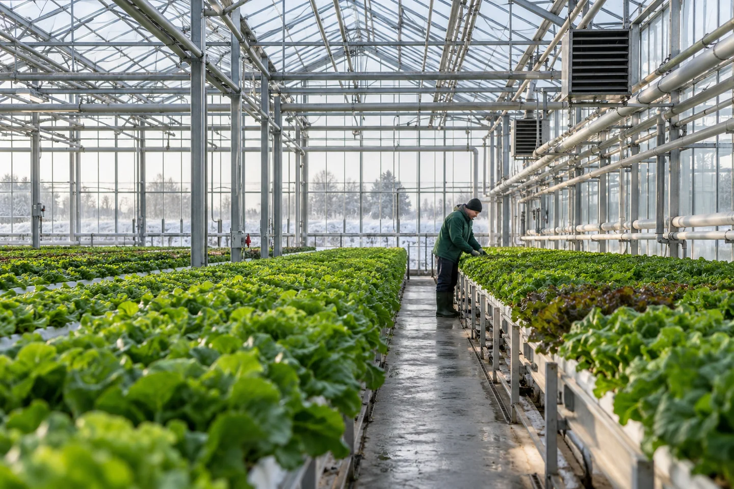 Technik analizujący instalację ogrzewania w szklarni produkcyjnej