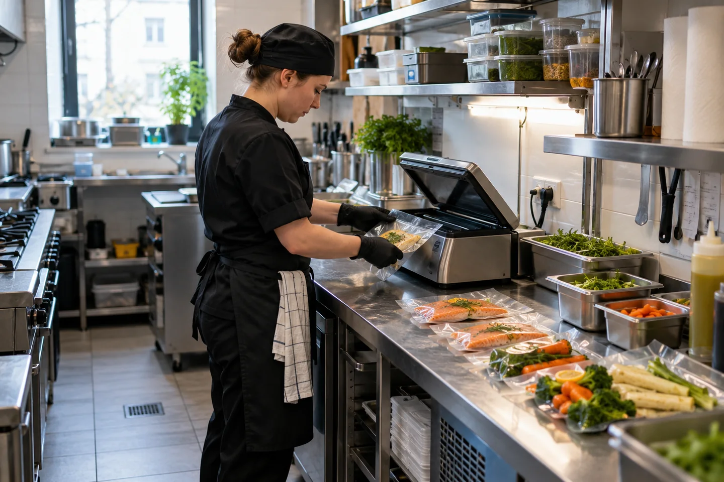 Uporządkowane stanowisko pakowania próżniowego w niewielkiej kuchni gastronomicznej