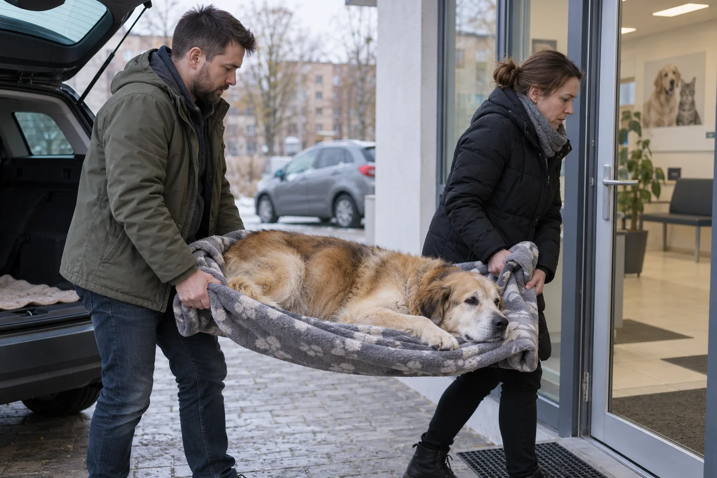 Bezpieczny transport psa na stabilnym kocu do samochodu