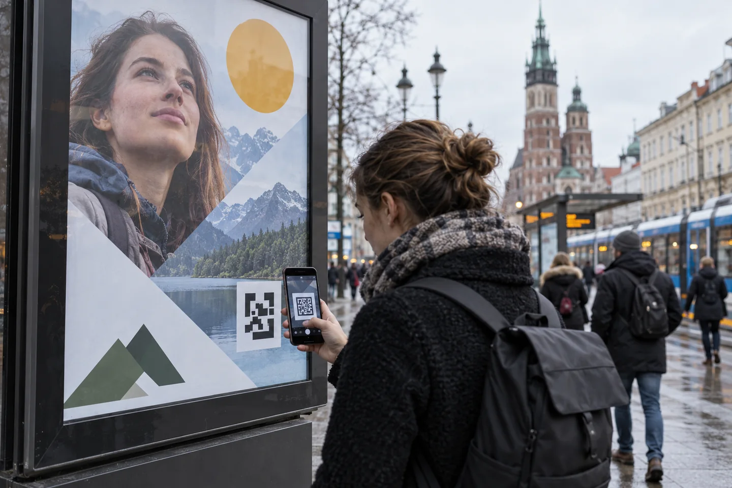 Odbiorczyni używająca telefonu przy oznaczonym plakacie reklamowym w mieście