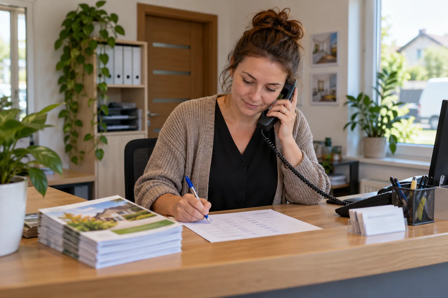 Pracowniczka lokalnej firmy zapisująca źródło telefonu od klienta
