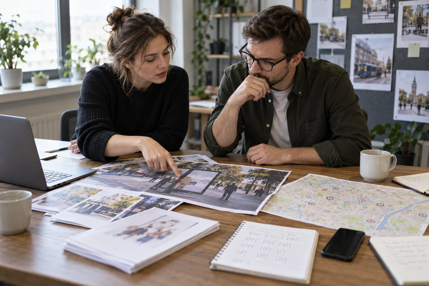 Zespół porównujący materiały reklamy offline z mapą i danymi sprzedażowymi