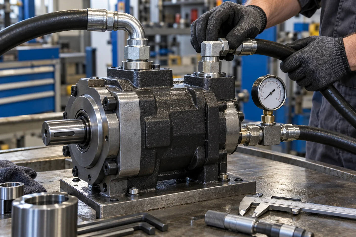 Inżynier analizujący punkt pracy pompy łopatkowej na schemacie hydraulicznym