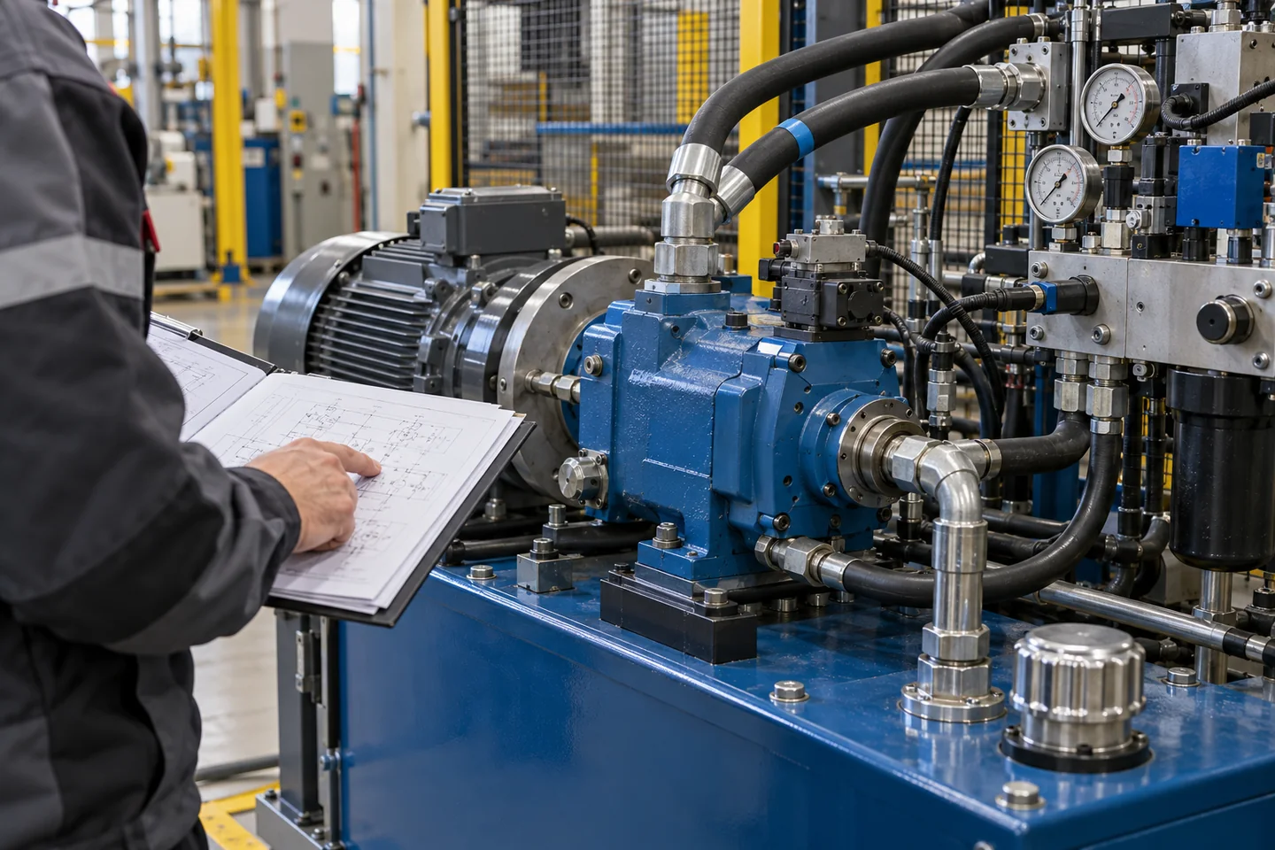 Technik analizujący pompę tłoczkową i parametry układu hydraulicznego