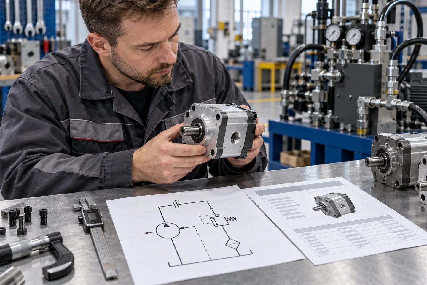 Technik porównujący pompę zębatą ze schematem i kartą interfejsów układu