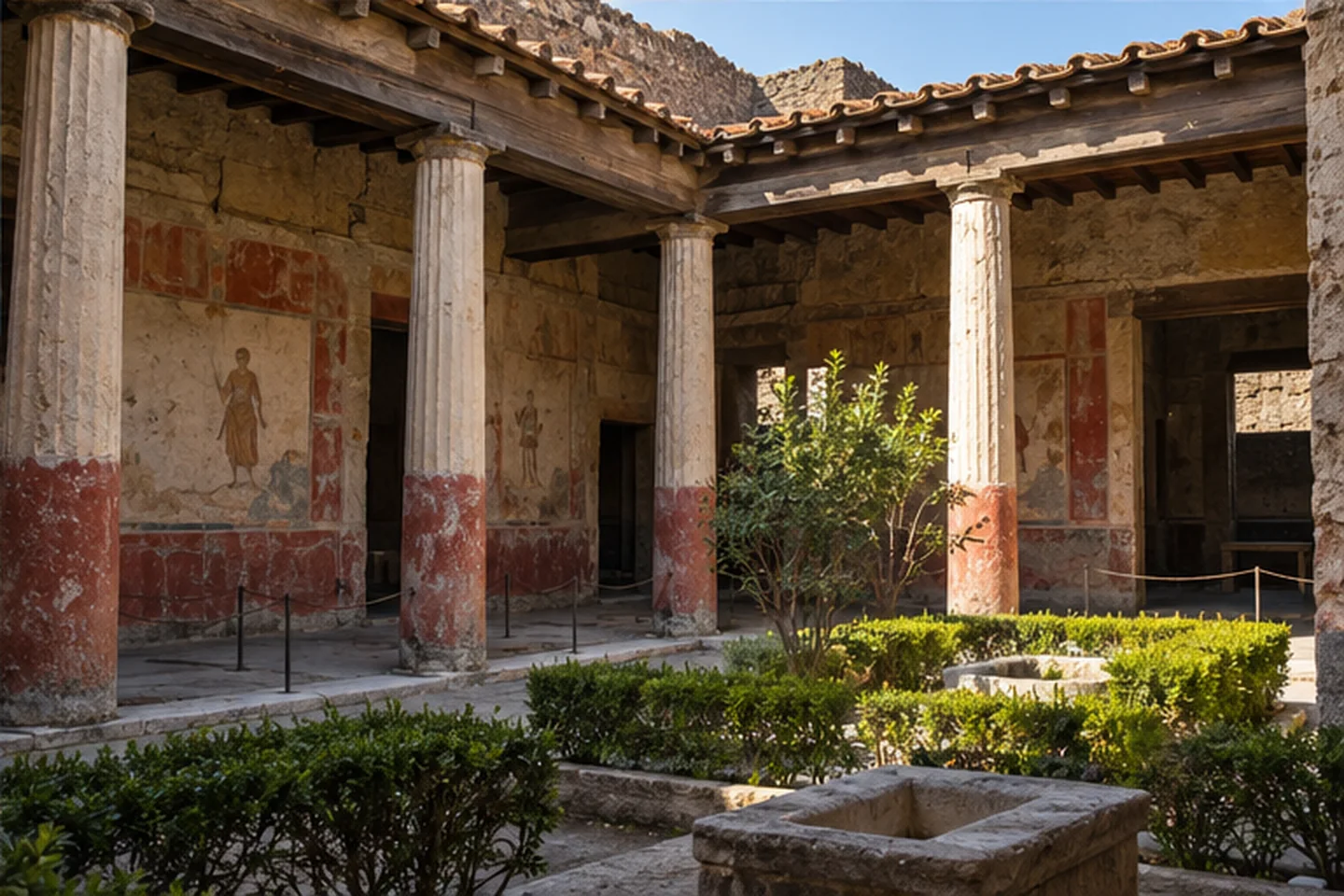 Dziedziniec domu w Pompejach z zachowanymi kolumnami i fragmentami dekoracji