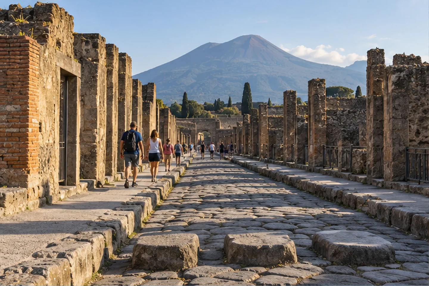 Ulica antycznych Pompejów i Wezuwiusz w tle we wczesnym świetle