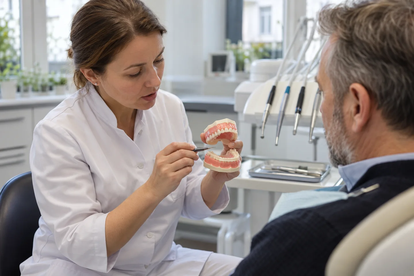 Dentysta omawiający z pacjentką kolejne etapy leczenia protetycznego