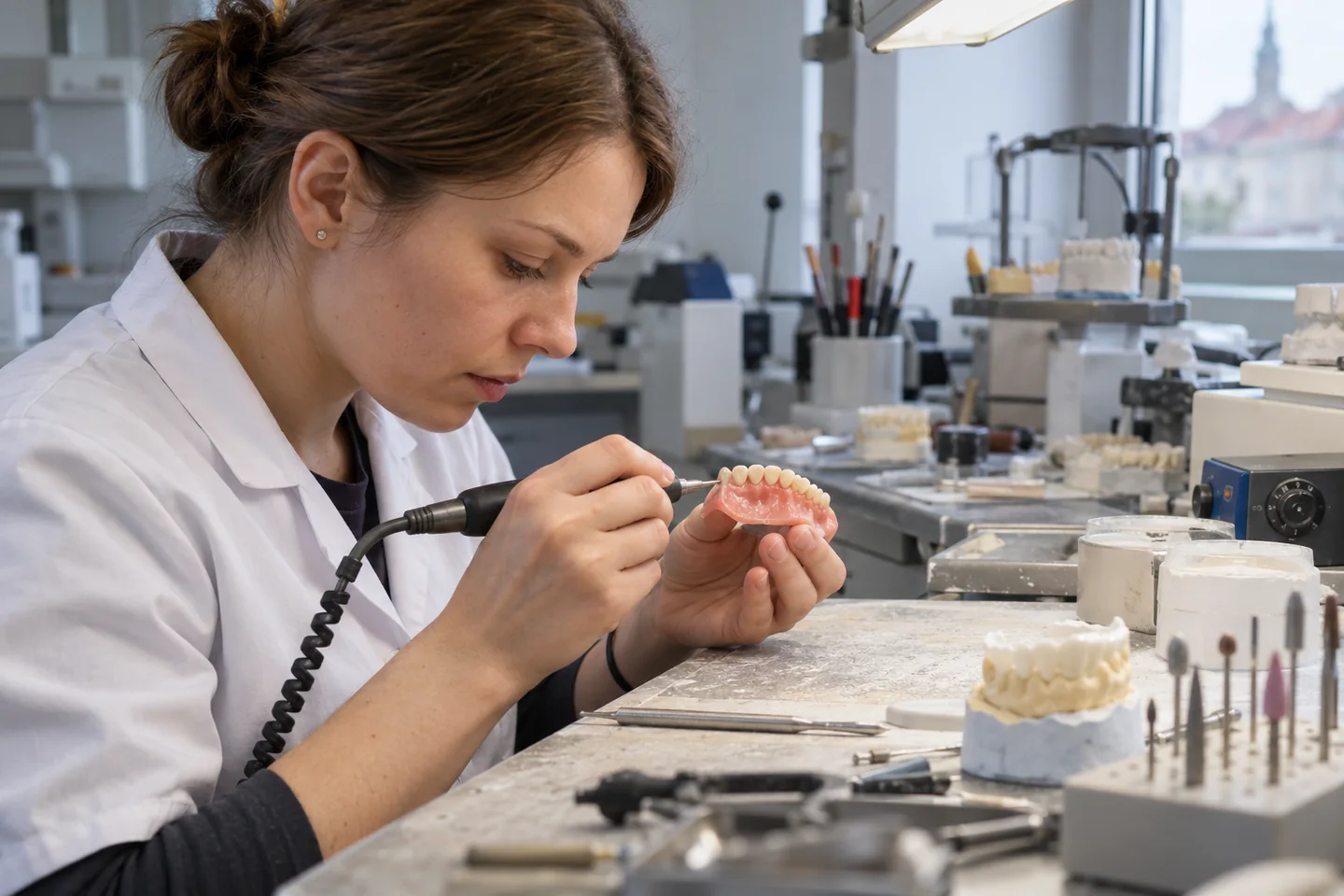Model uzębienia i karta planu protezy natychmiastowej na stole laboratoryjnym