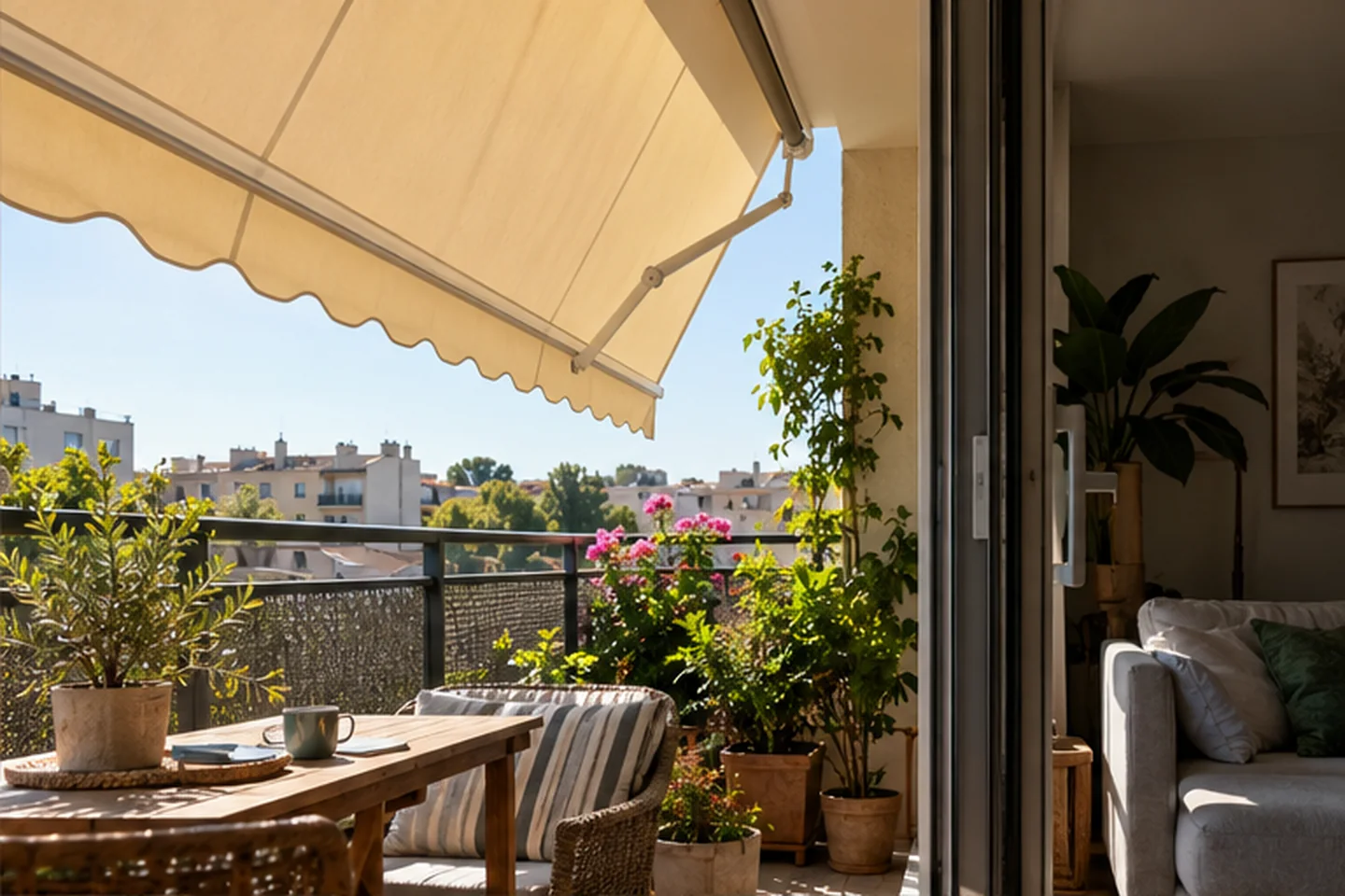 Zewnętrzna markiza osłaniająca balkon i szybę przed słońcem