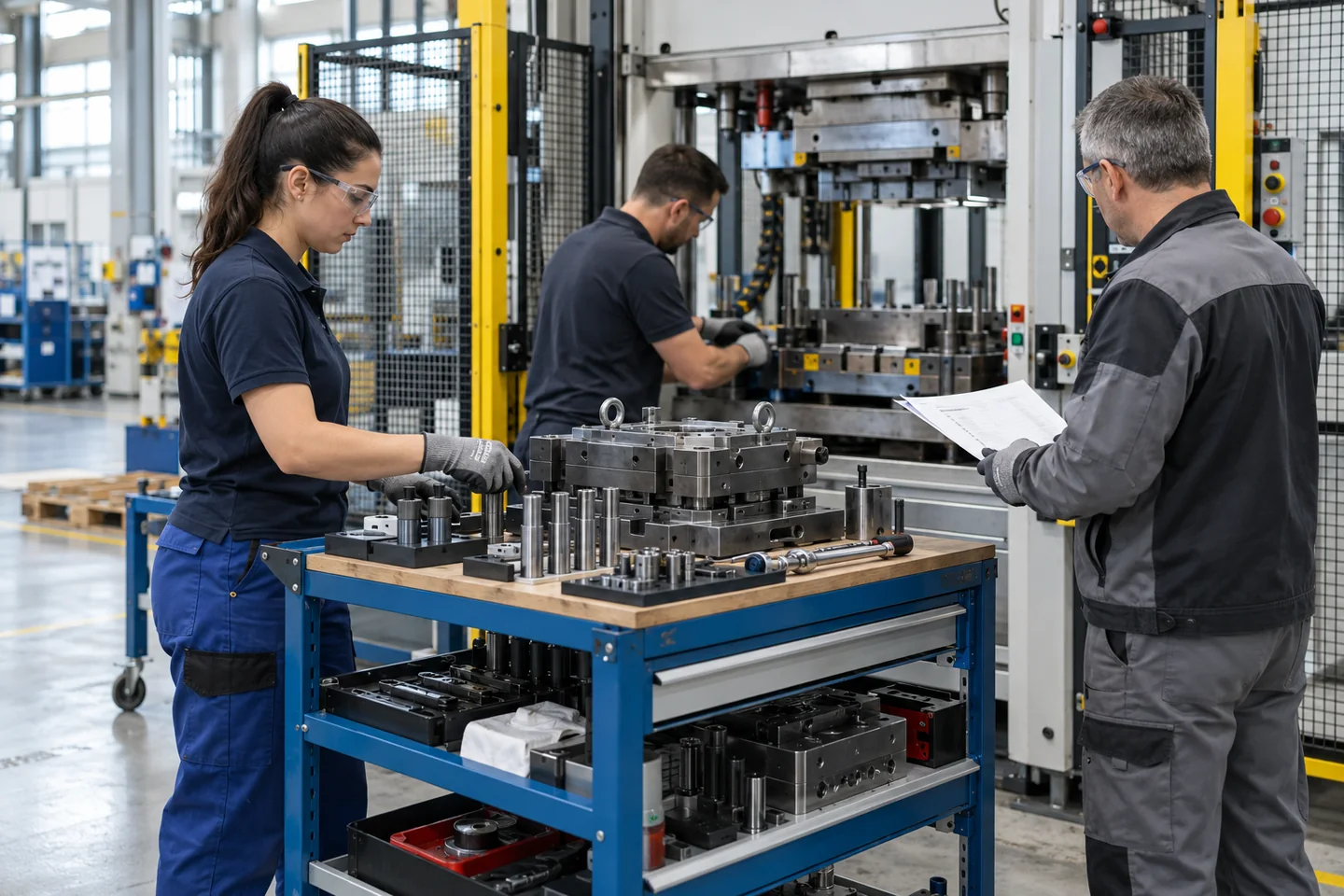 Operator przygotowujący bezpieczne przezbrojenie obrabiarki na hali produkcyjnej