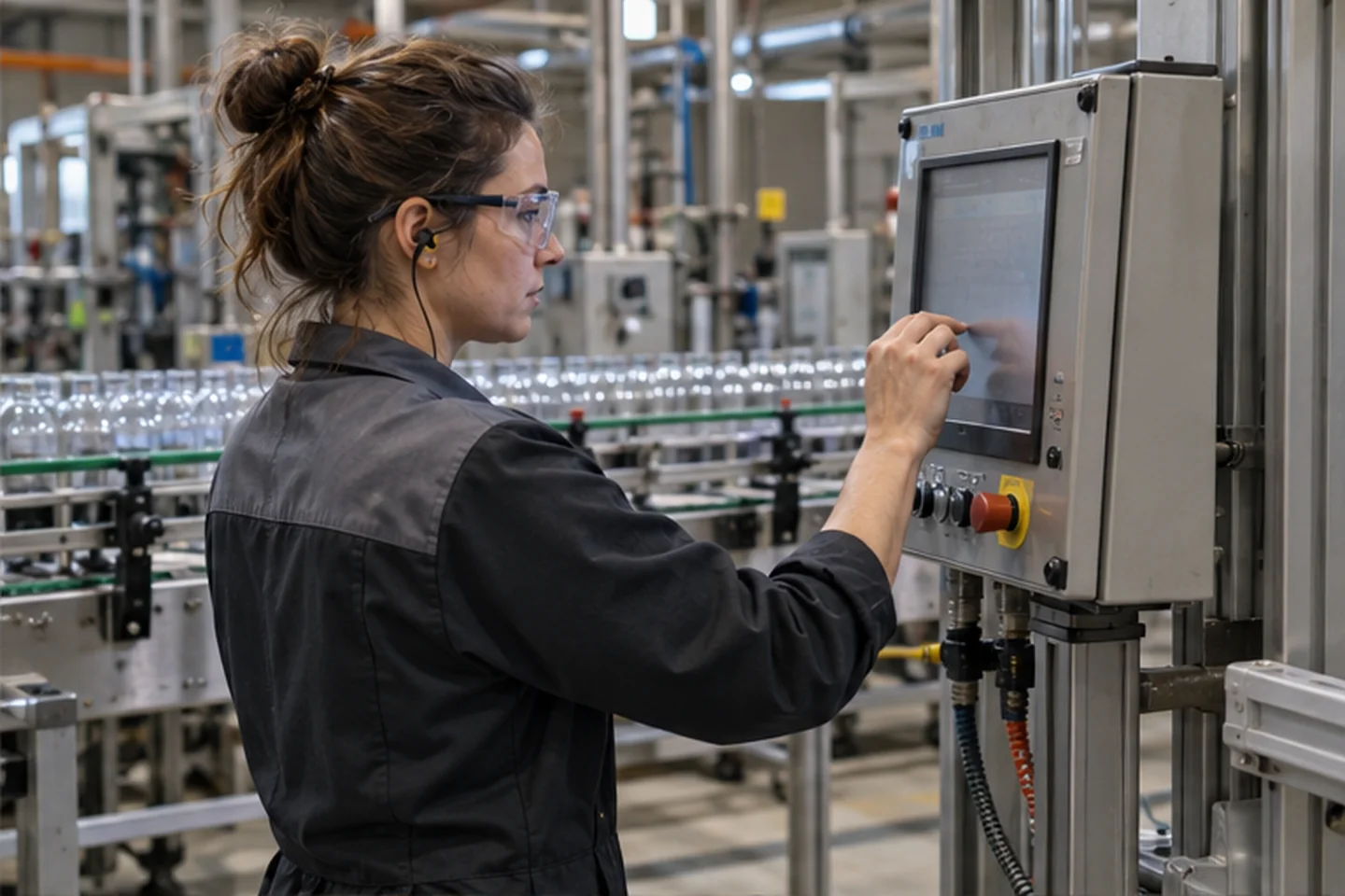 Operator korzystający z terminala systemu MES przy linii produkcyjnej