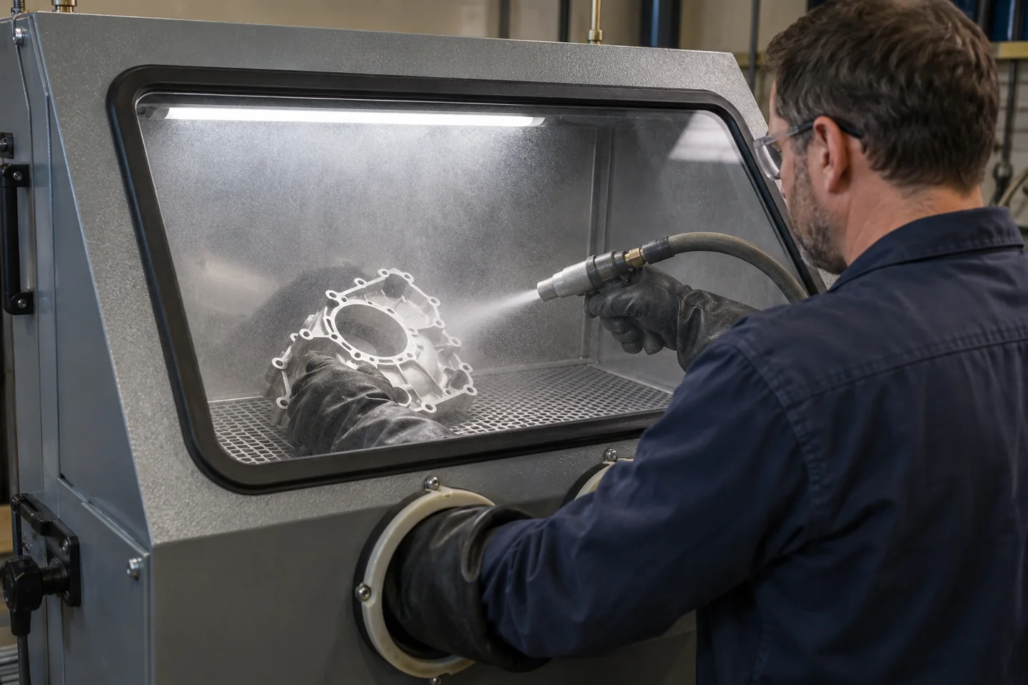 Operator obrabiający aluminiowy korpus w zamkniętej kabinie do szkiełkowania