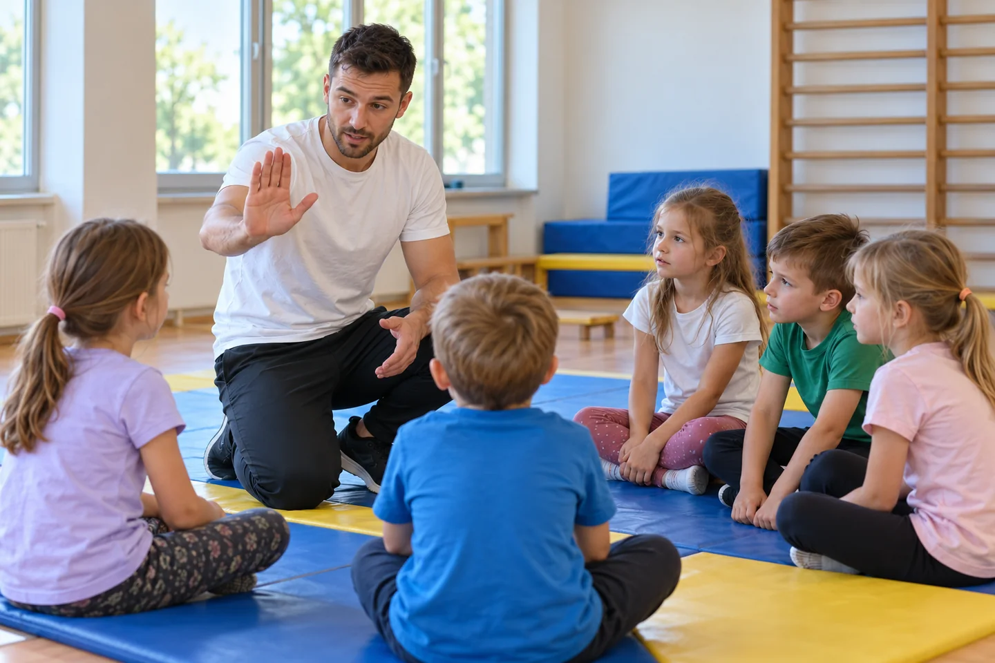 Instruktor wyjaśniający dzieciom zasady zabawy na sali sportowej