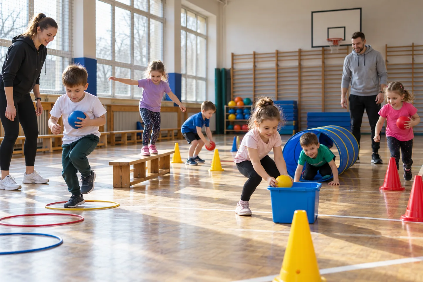 Dzieci wykonujące zespołową zabawę ruchową bez eliminacji